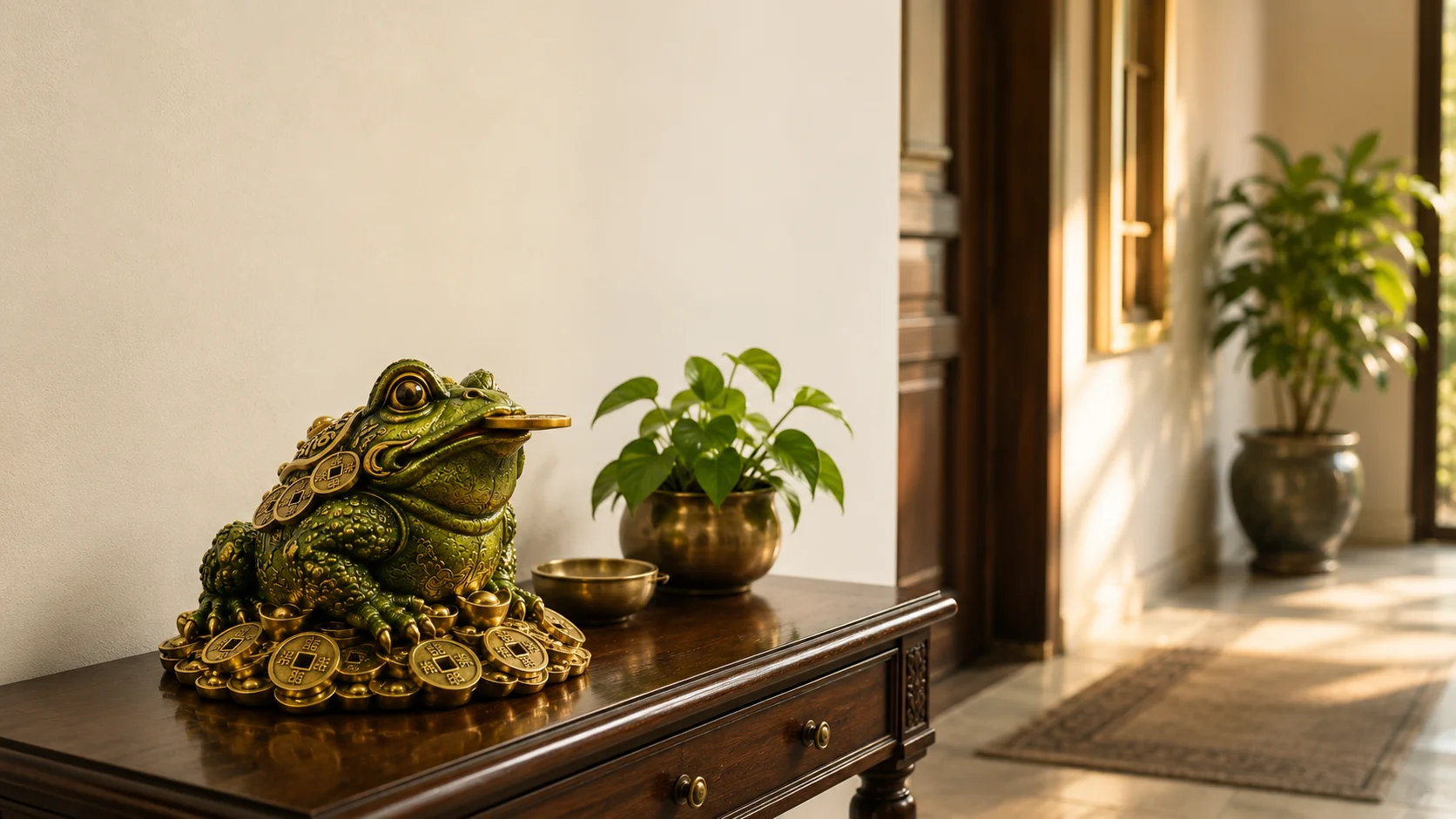 Elevated green and gold statuette showing how to place a Feng Shui money frog for wealth on a wooden entryway table.