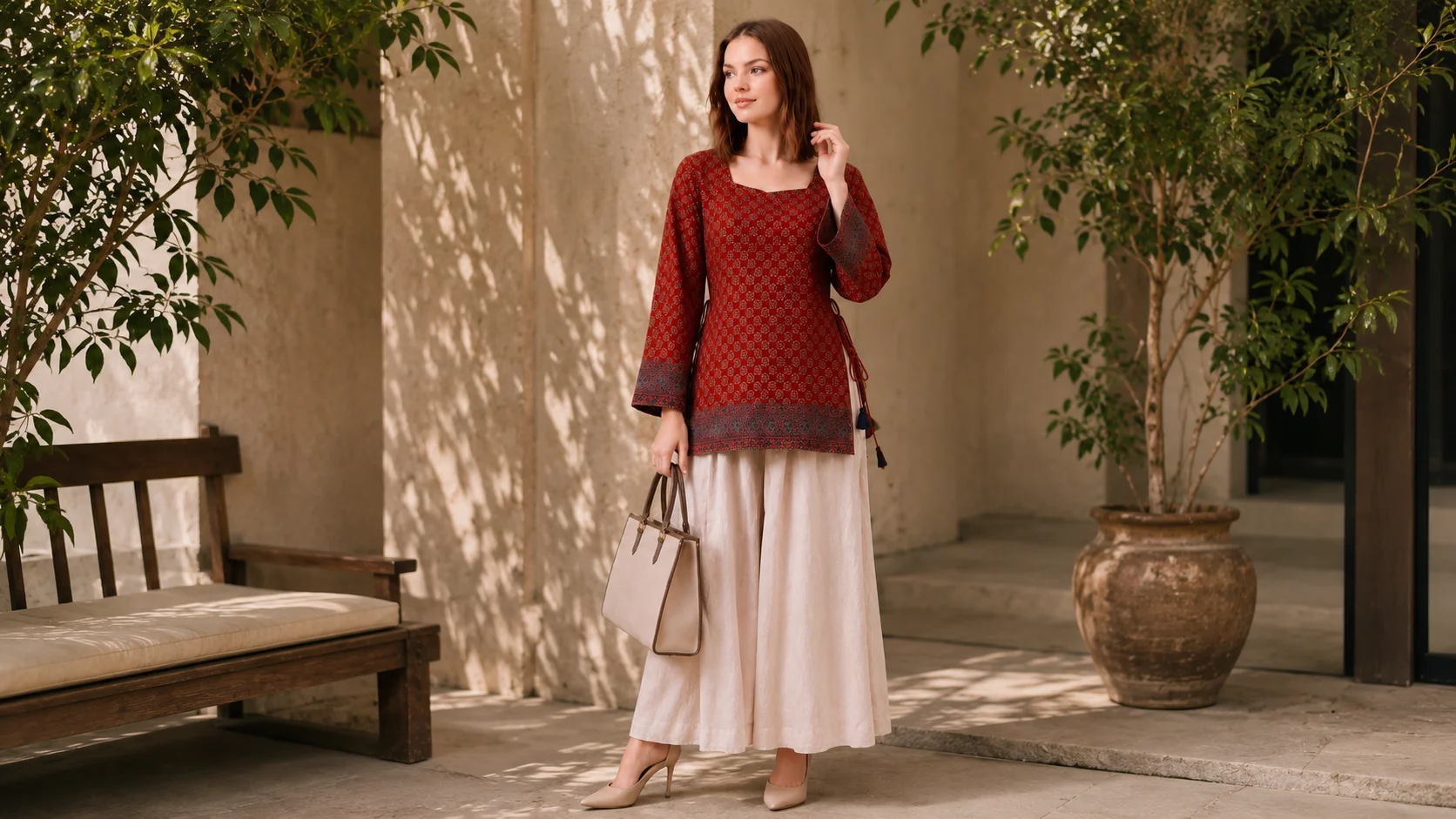 Woman wearing a red ethnic motif square-neck kurti styled with cream wide-leg bottoms and neutral accessories.