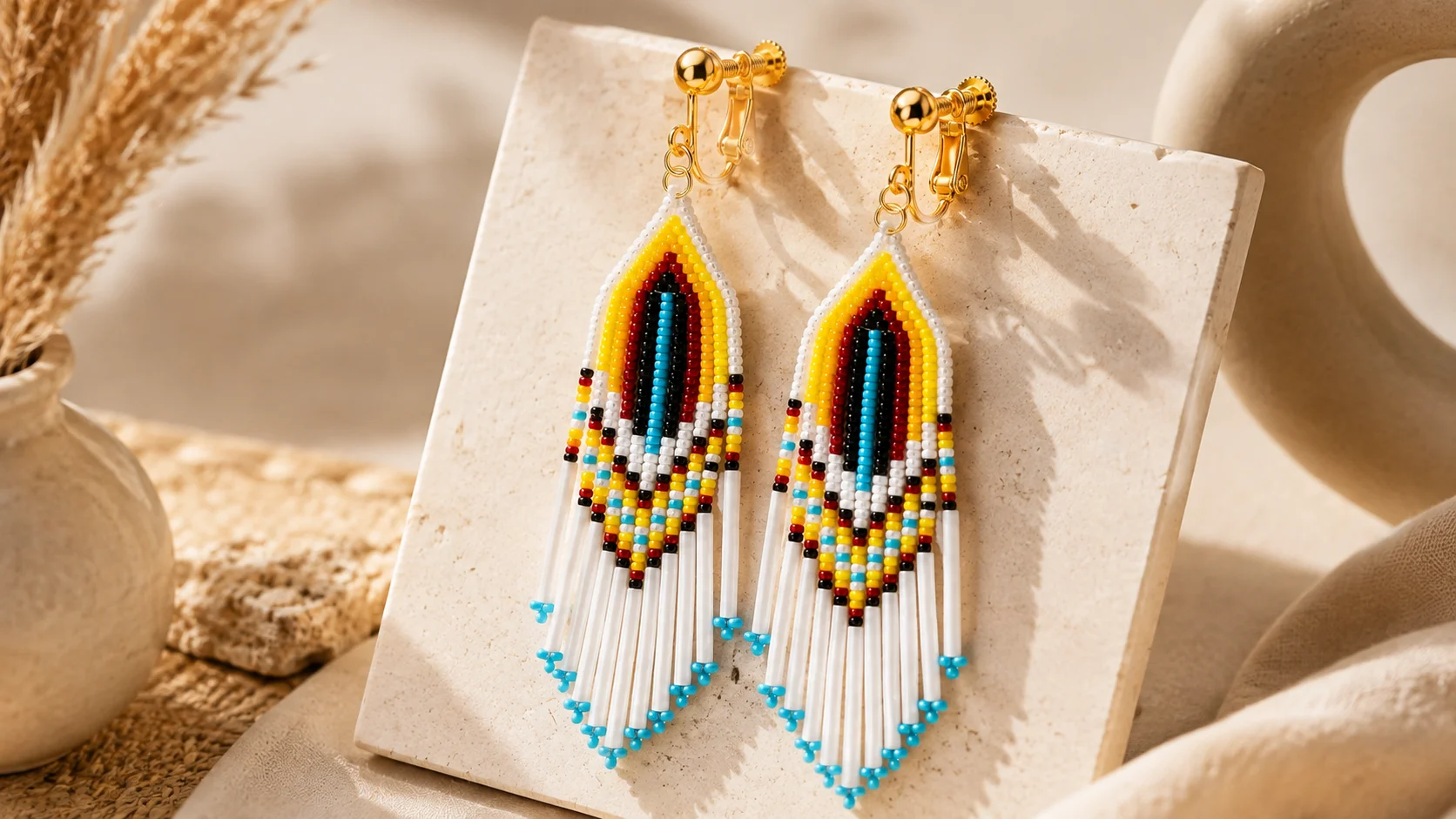 Colourful statement beaded earrings with geometric beadwork and long white fringe styled in a warm editorial jewellery setting.
