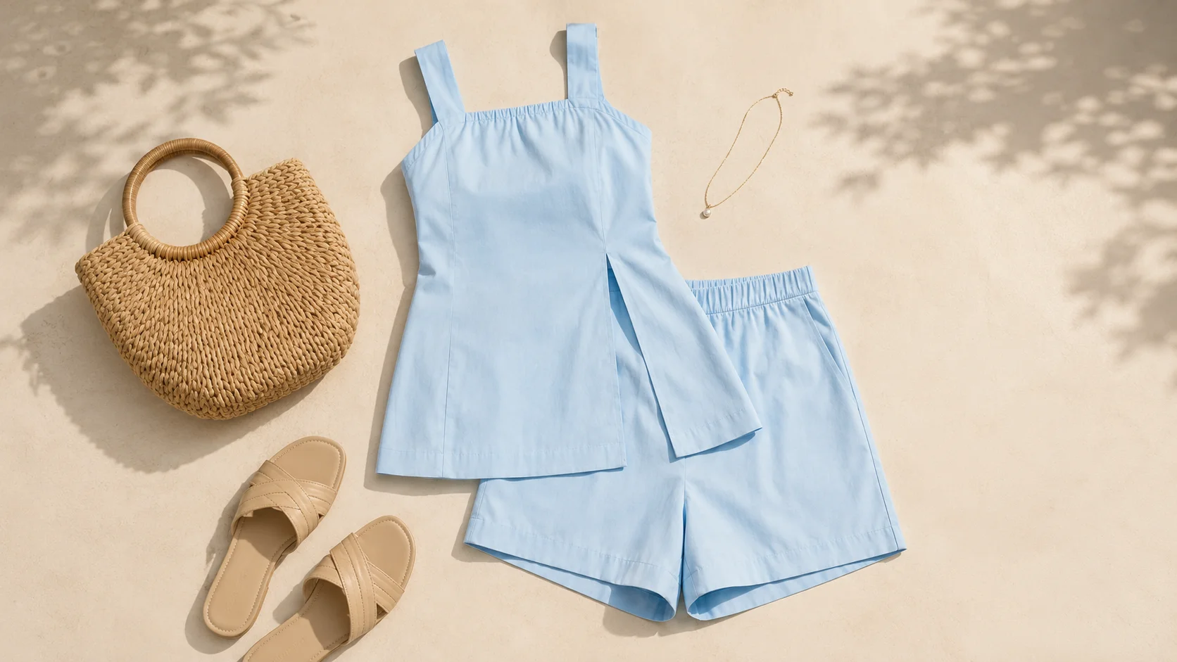 Teal blue co-ord set with neutral bag, sandals and simple jewellery arranged as summer styling inspiration.