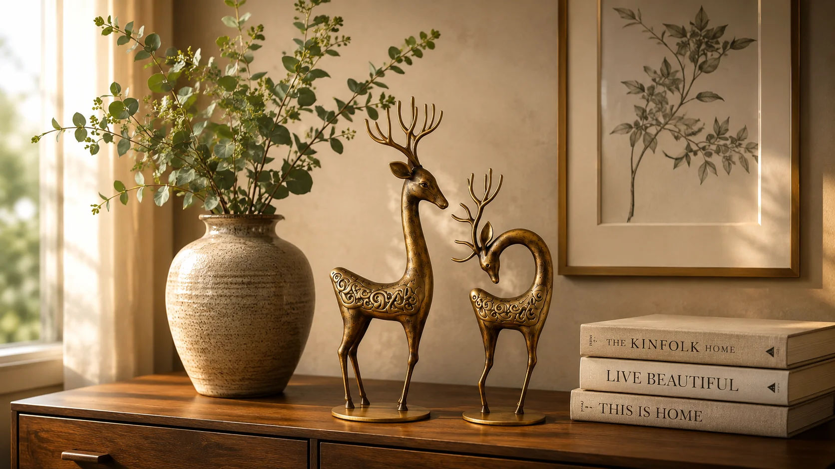 Curated collection of brass stags, modern white deer sculptures, and carved elephant figurines displayed on a wooden console table as elegant animal décor ideas.
