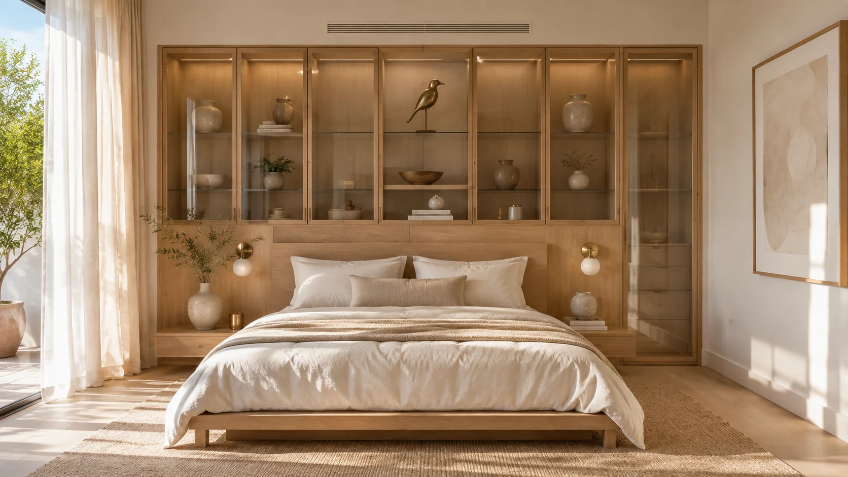 A sleek modern bedroom showing effective Vastu remedies for heavy built-in over bed cabinets by utilizing light oak glass doors holding a decorative bird sculpture.