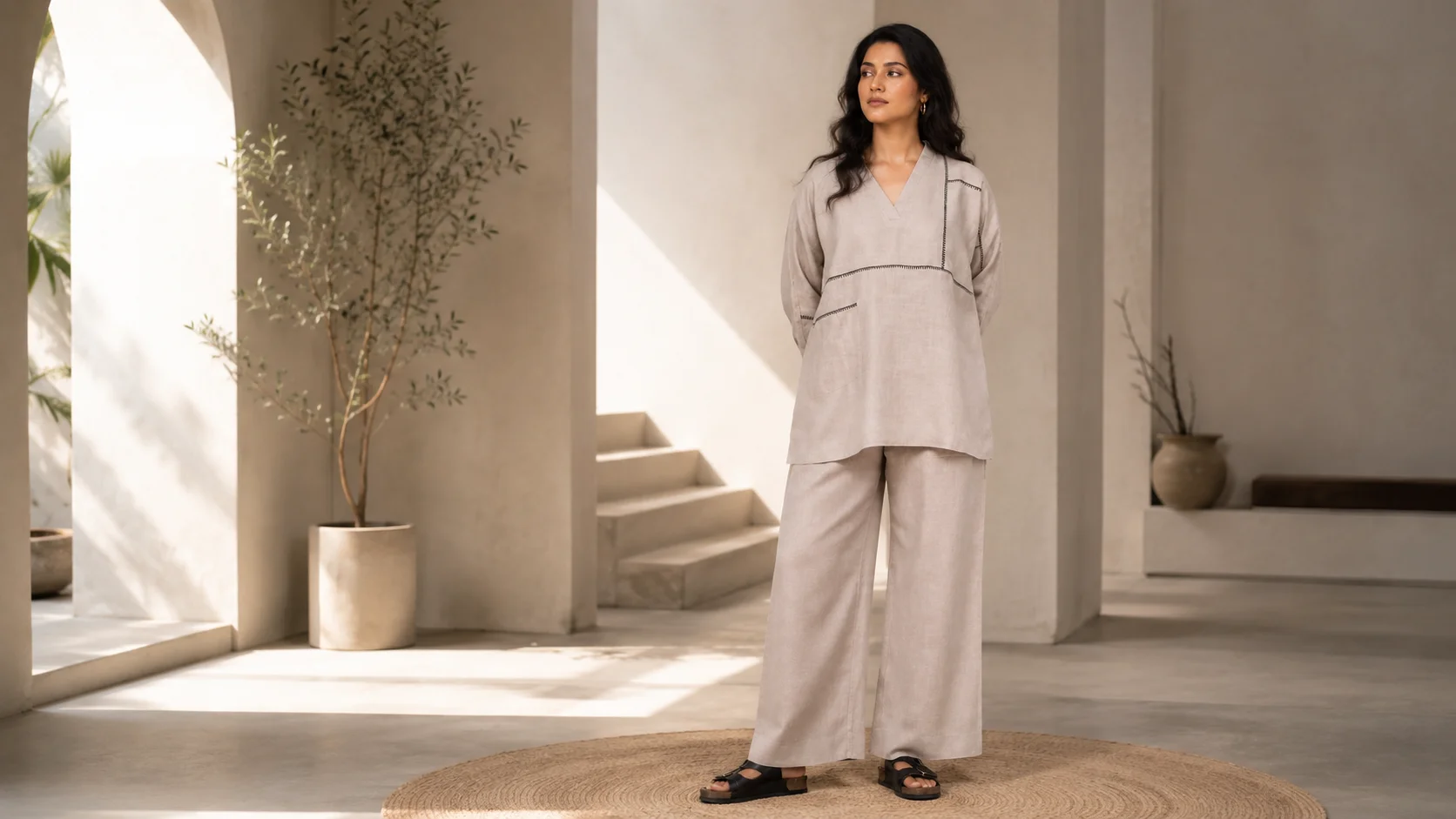 Neutral women’s co-ord set with a relaxed tunic-style top and wide-leg trousers styled for an effortless minimalist outfit.