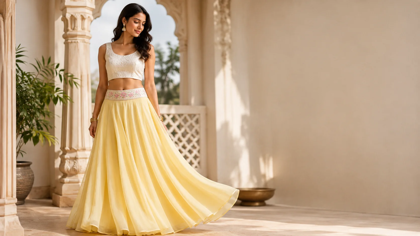 Elegant yellow floral embroidered maxi skirt styled for a women’s festive and fusion fashion inspiration guide.