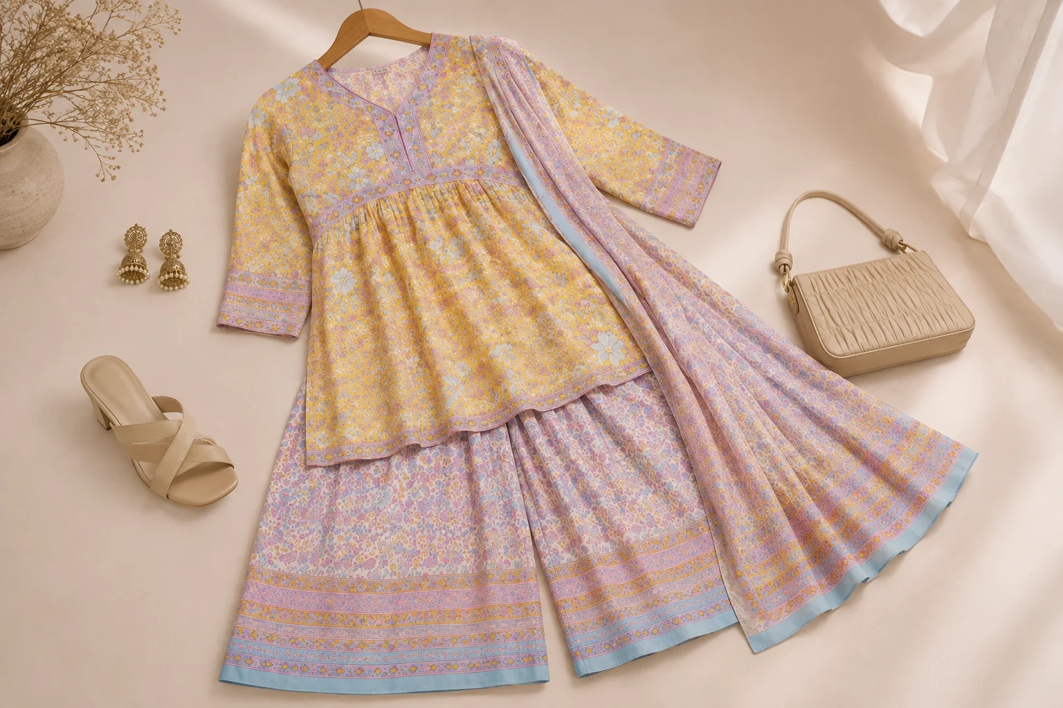 Yellow floral kurta set with restrained jewellery, neutral sandal and handbag styling inspiration.