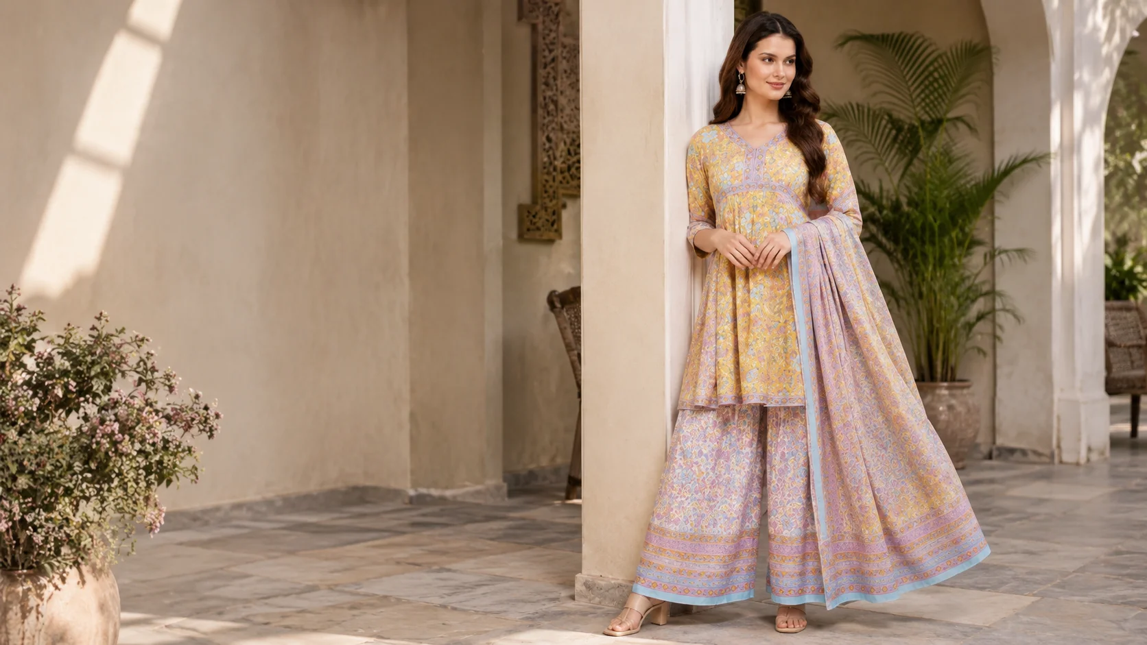 Yellow floral kurta set with coordinated wide-leg bottoms and dupatta styled as an elegant women’s ethnic outfit.