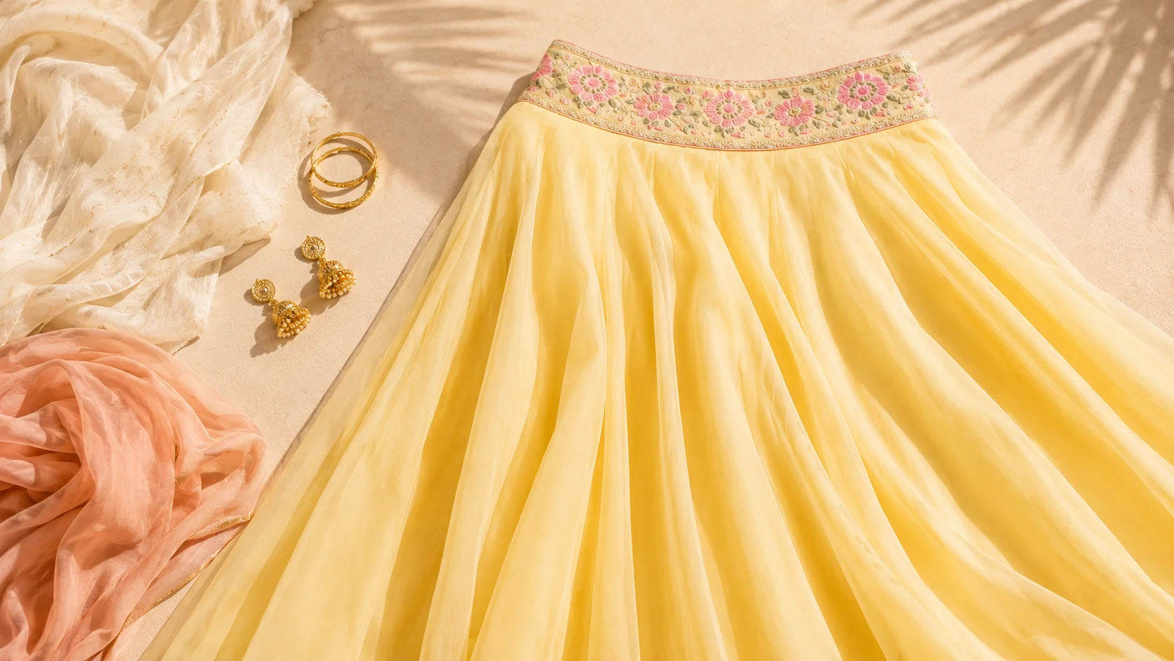 Yellow floral maxi skirt with ivory, blush and gold-tone styling inspiration.