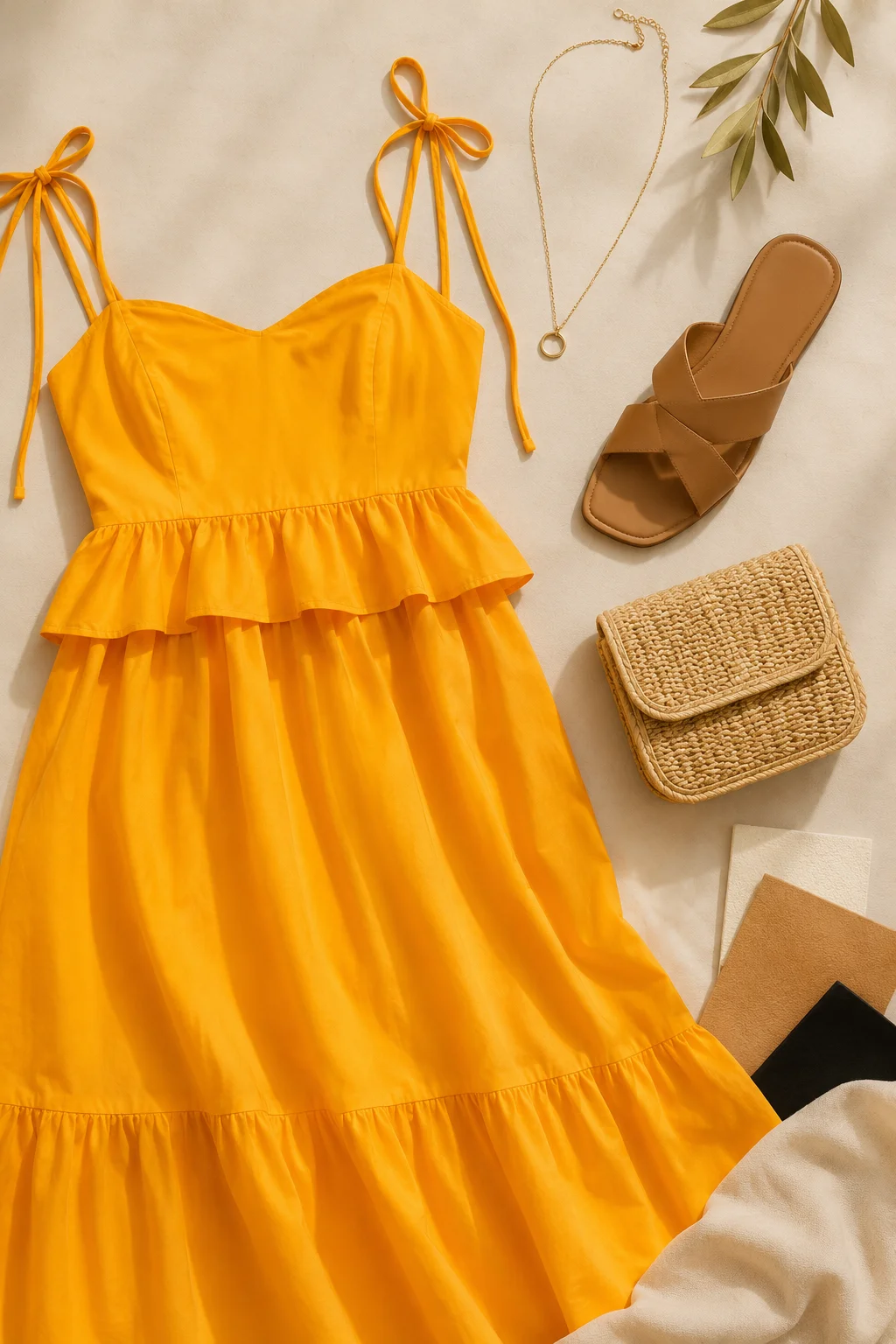 Yellow summer midi dress with neutral sandal, small bag and minimal jewellery showing simple accessory colour ideas.