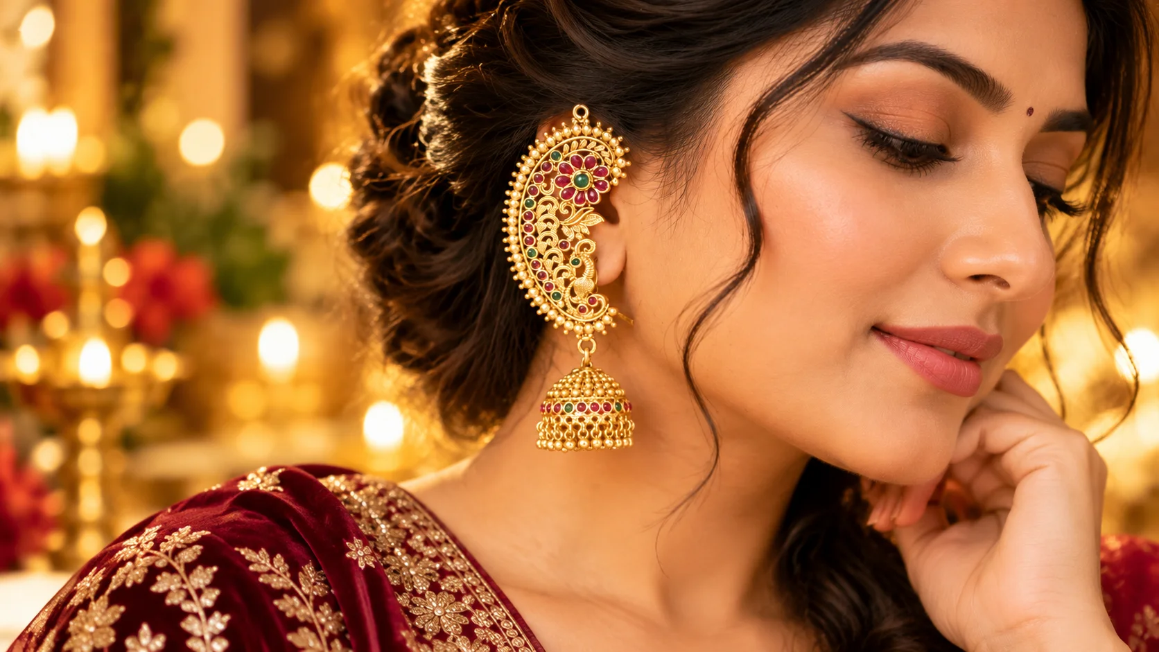 ABdesigns gold-tone dangler earrings with red and green accents and jhumka-inspired drop styled for an elegant festive look