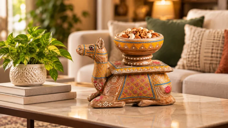 Animal decor camel curio styled on a coffee table with restrained books and greenery.