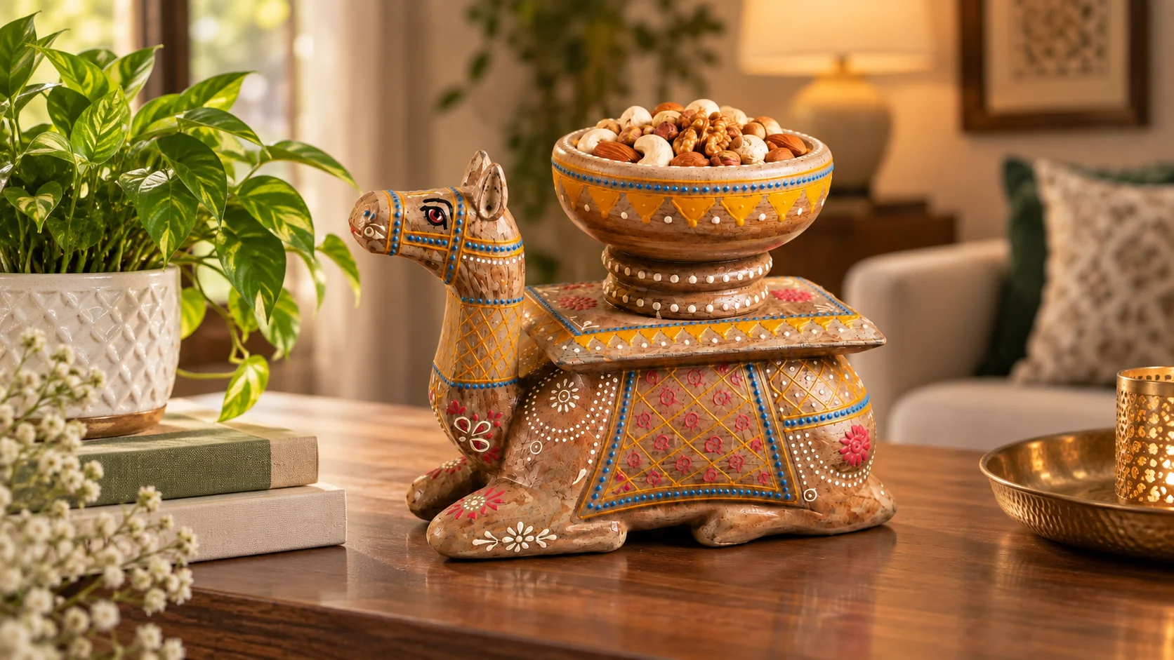 Colourful camel animal decor displayed as a statement tabletop curio in a warm, elegant home interior.