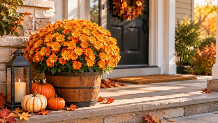 Autumn mum planter positioned beside a front entrance with pumpkins and a lantern for simple seasonal porch styling.