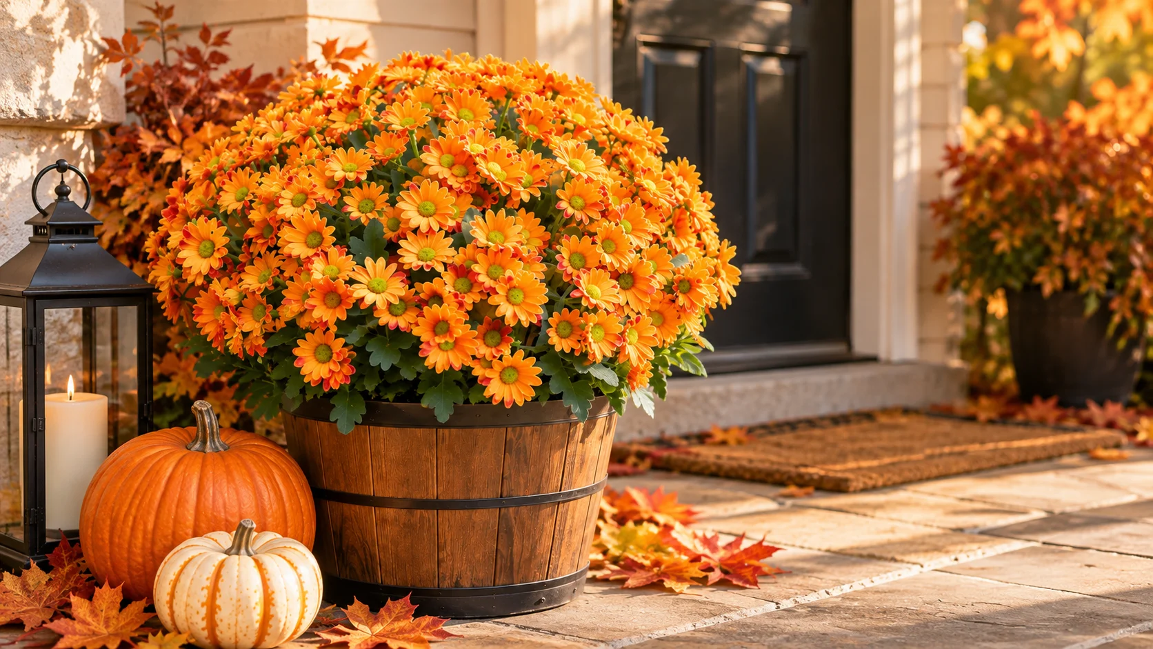 Autumn mum planter with orange flowers styled as a warm seasonal focal point for an inviting porch or home entrance.