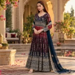 Bandhani embroidered kurta set with sequinned detailing, trousers and dupatta styled in a luxurious festive setting