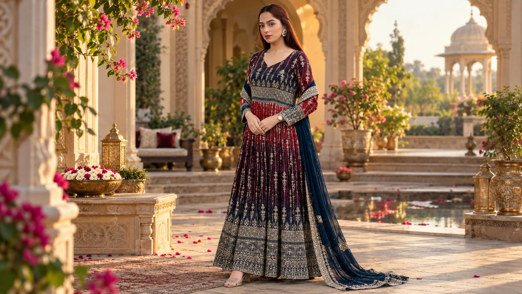 Bandhani embroidered kurta set with sequinned detailing, trousers and dupatta styled in a luxurious festive setting