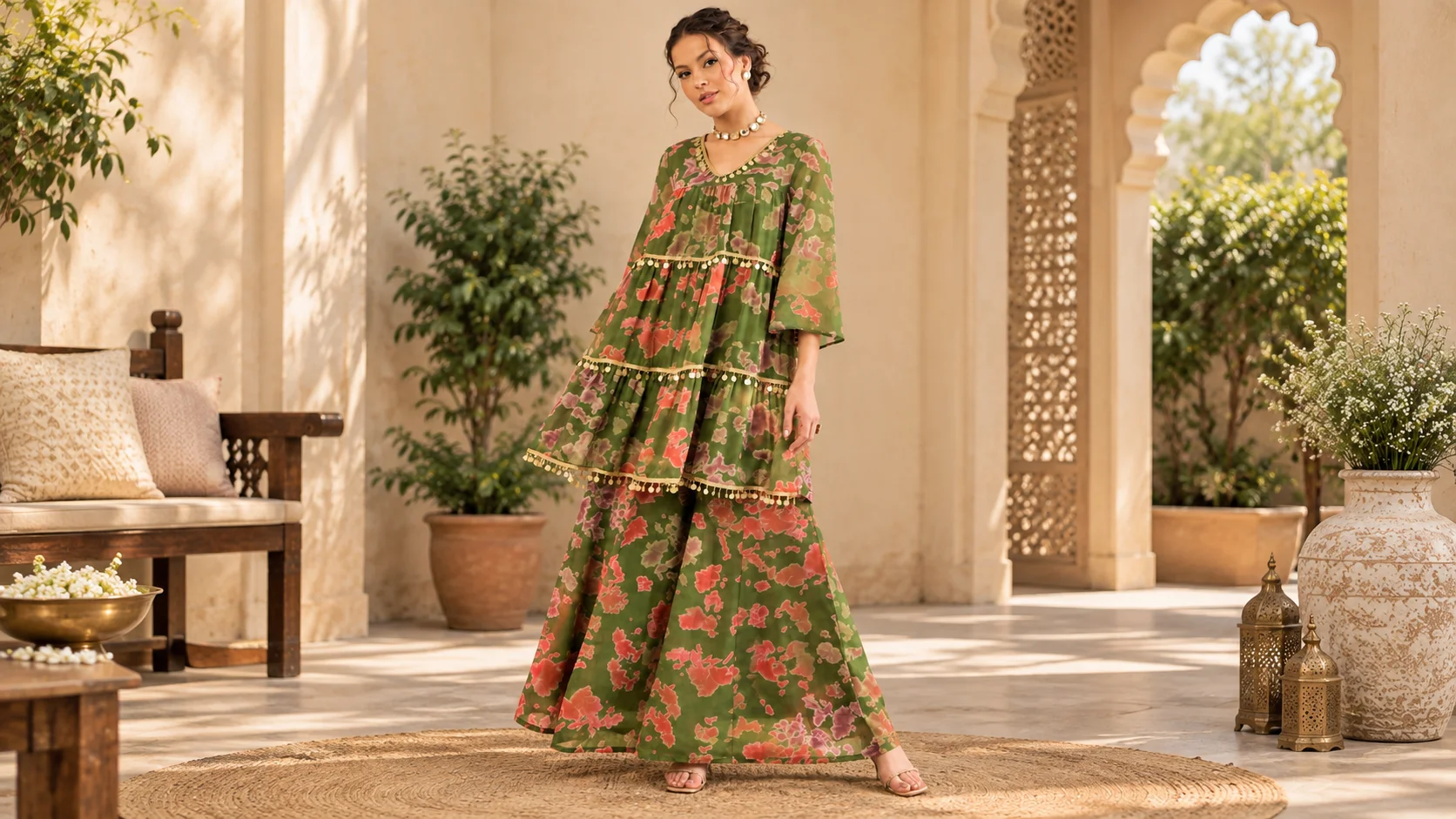 Woman wearing a green floral printed kurta set with a tiered kurta, decorative trim and coordinating floral bottoms in a warm neutral editorial setting