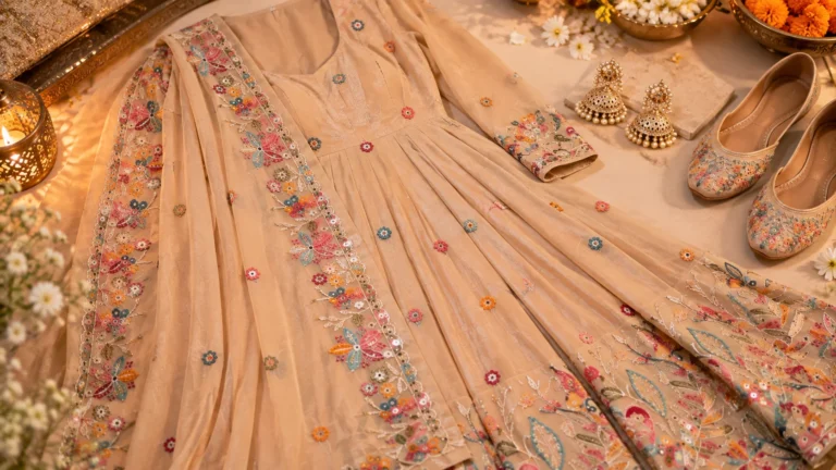 Beige embroidered Anarkali and dupatta detail shown with earrings and neutral embellished footwear as festive styling inspiration.