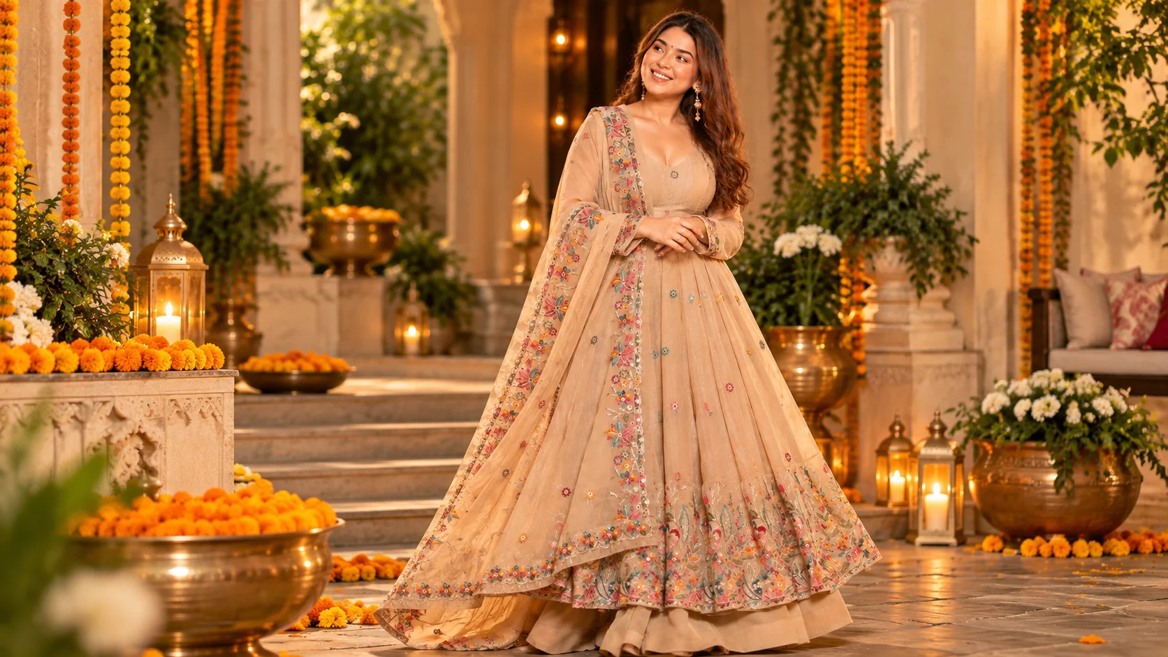 Beige embroidered Anarkali styled for a festive occasion with colourful floral detailing and a coordinated embroidered dupatta.