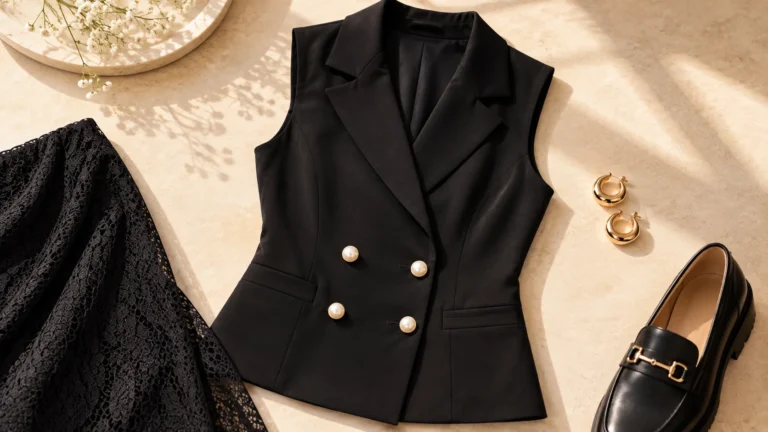 Black tailored co-ord styling details with loafers and understated Jewellery arranged as outfit inspiration.