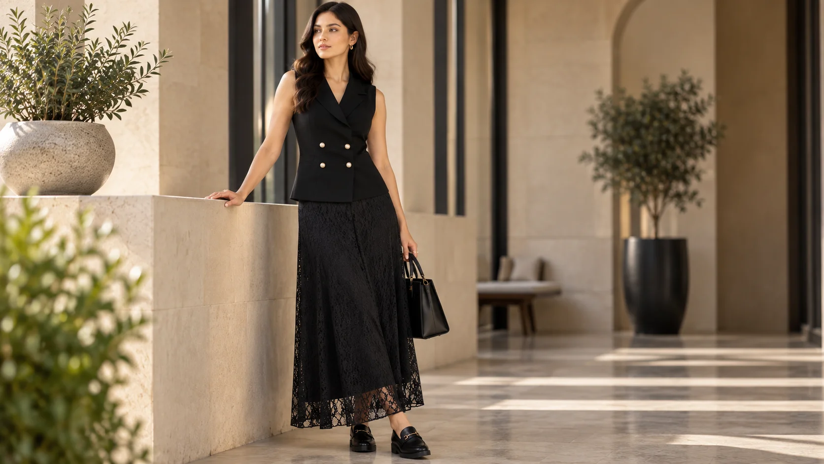 Woman wearing a black co-ord set with a sleeveless tailored top and long textured lower half for black co-ord set styling inspiration.