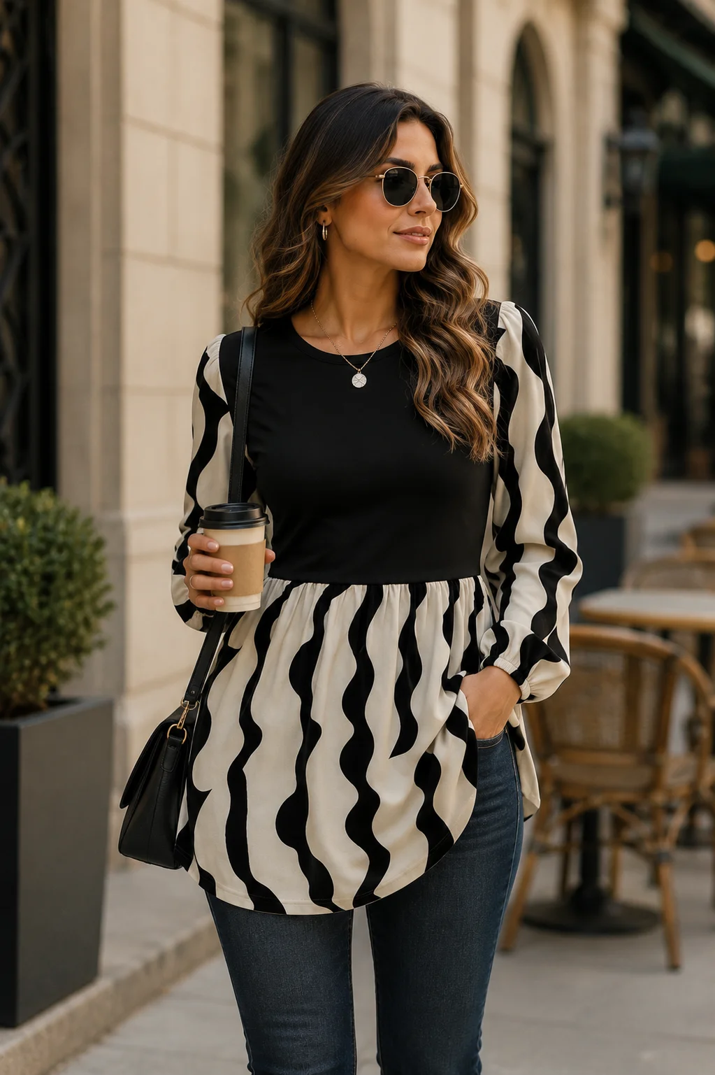 Woman styling a black and cream patterned tunic with dark denim for a casual city outfit.