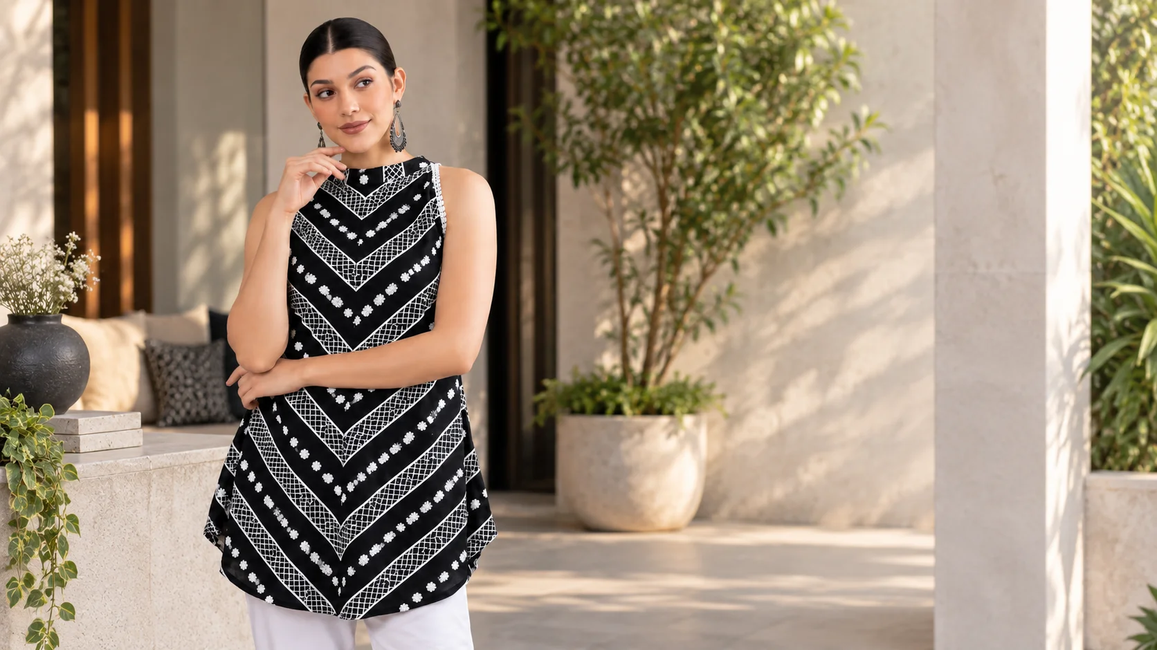 Black embroidered kurta set styling inspiration with contrasting white details for an effortless women’s fashion look.