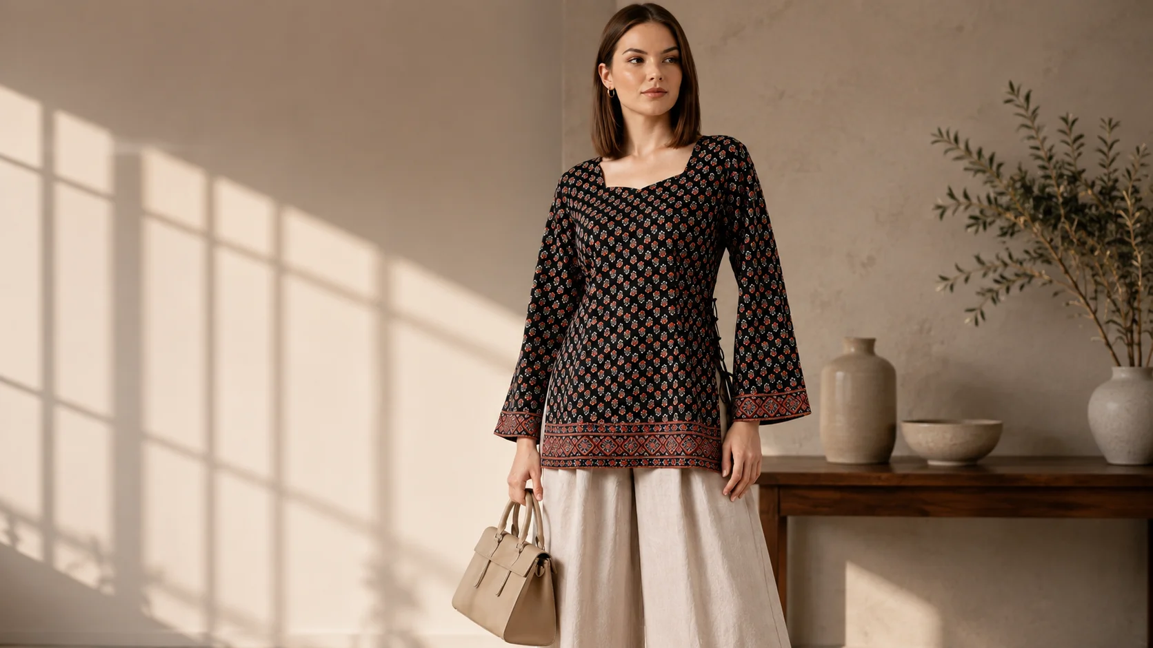 Woman wearing a black printed kurti with a square neckline and neutral trousers for black printed kurti styling inspiration.