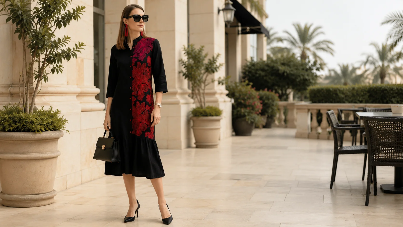 Woman wearing a black and red dress with bold floral detailing styled with understated black accessories.