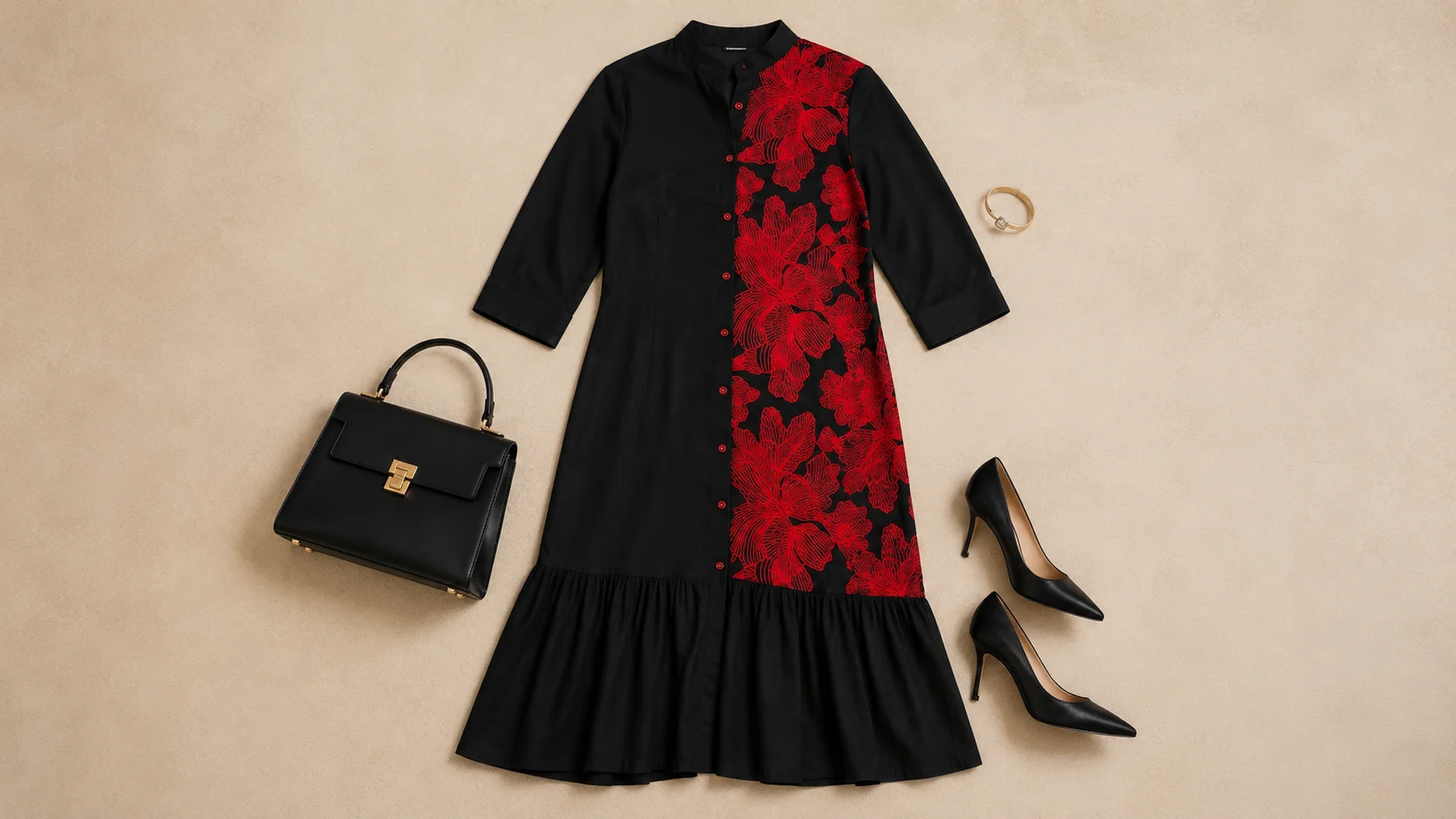 Black and red floral dress arranged with simple black accessories as restrained styling inspiration.