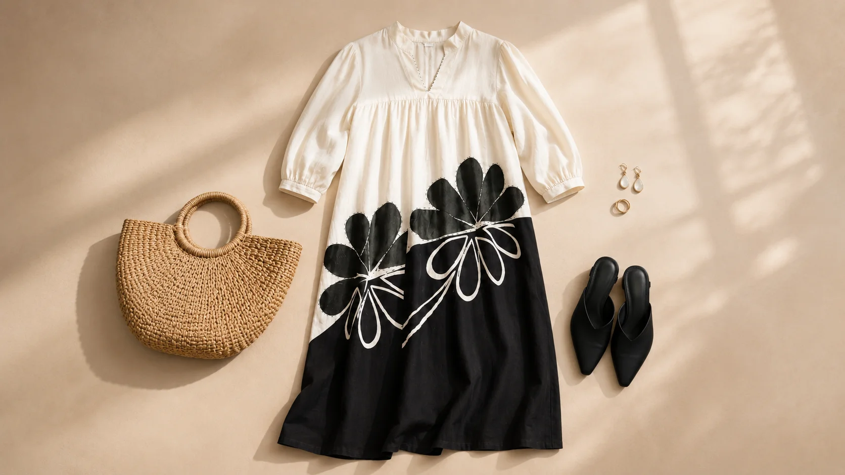 Black and white statement dress displayed with a woven bag, black footwear and minimal jewellery as accessory styling inspiration.