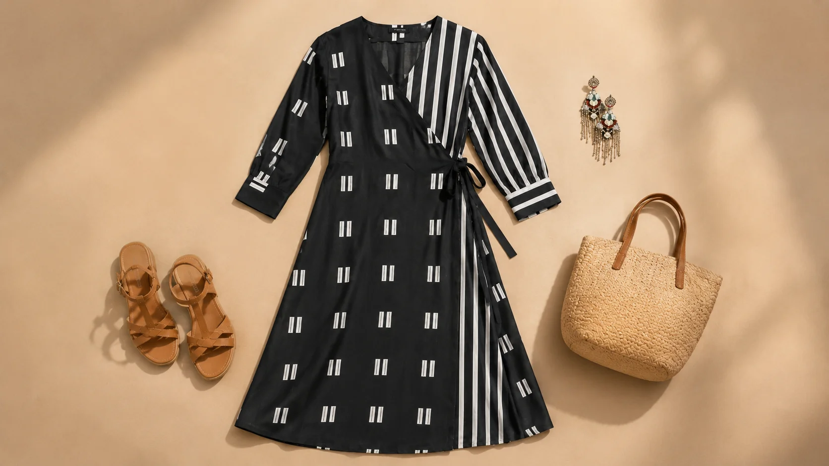 Black and white printed midi dress with neutral sandals, bag and jewellery arranged as incomplete styling inspiration.