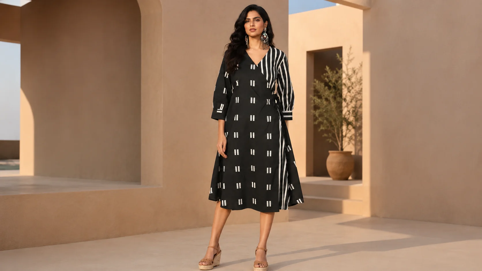 Woman wearing a black and white printed midi dress with geometric motifs and contrasting striped detail for black and white midi dress styling inspiration.