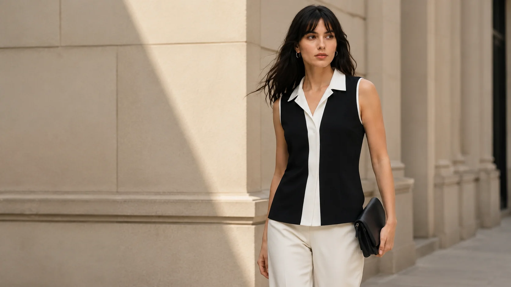 Woman wearing a black and white sleeveless collared top styled with neutral trousers for an effortless smart-casual outfit.