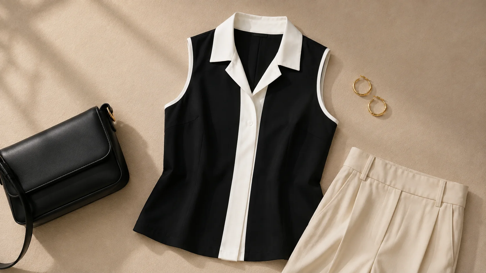 Black and white sleeveless collared top arranged with cream trousers, a black bag and minimal earrings as styling inspiration.