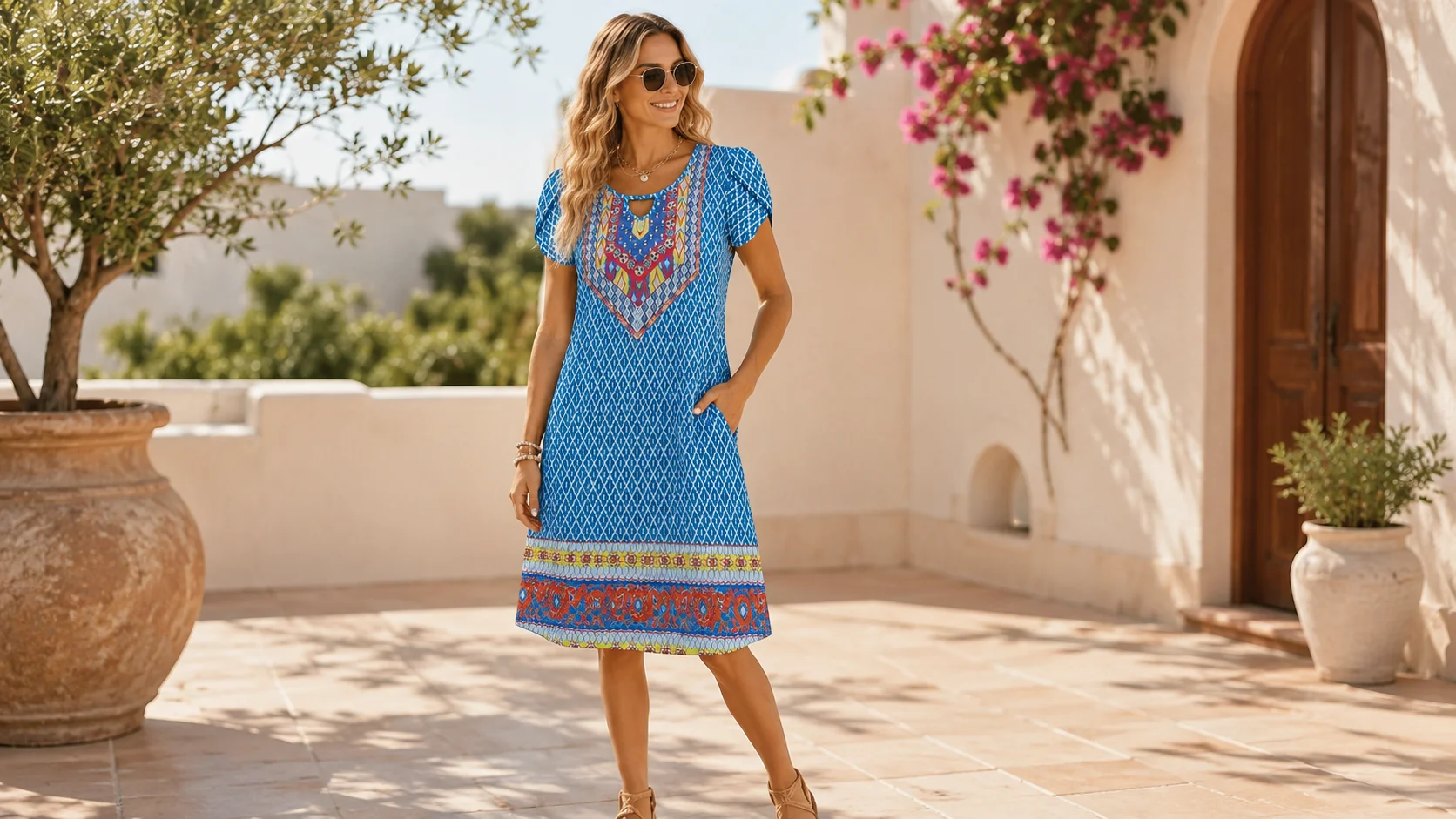 Blue casual dress for women with colourful printed neckline styled for a bright summer fashion editorial.
