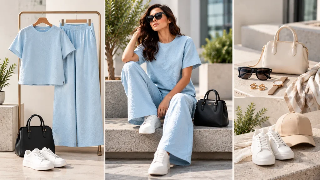 Pale blue women’s co-ord with white trainers, dark handbag and neutral accessory ideas for different everyday styling directions.