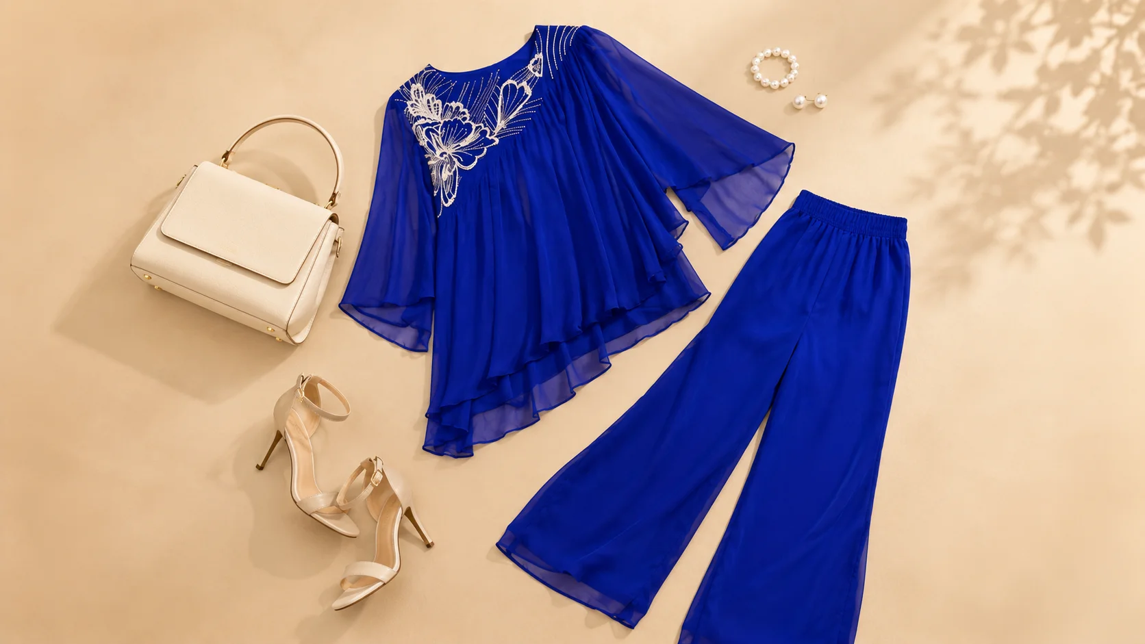 Blue co-ord set arranged with neutral heels, cream handbag and minimal jewellery as understated styling inspiration.