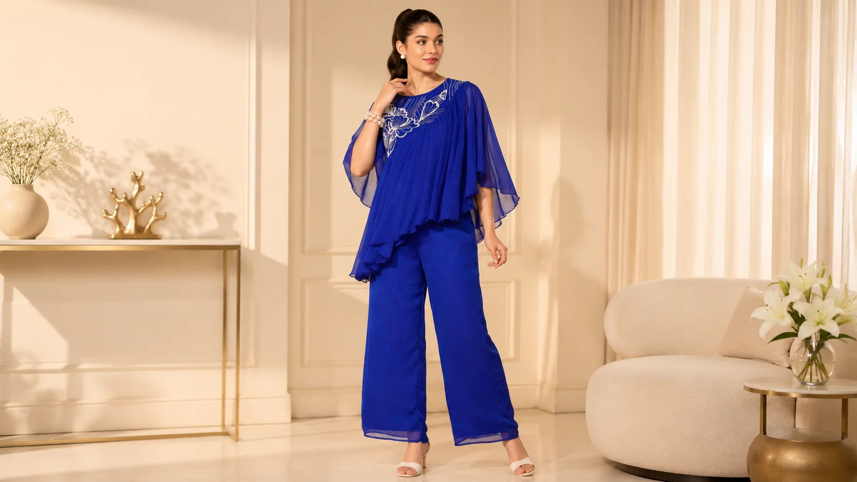 Woman wearing a vivid blue co-ord set with a flowing layered top, decorative neckline and wide-leg trousers styled with neutral accessories.