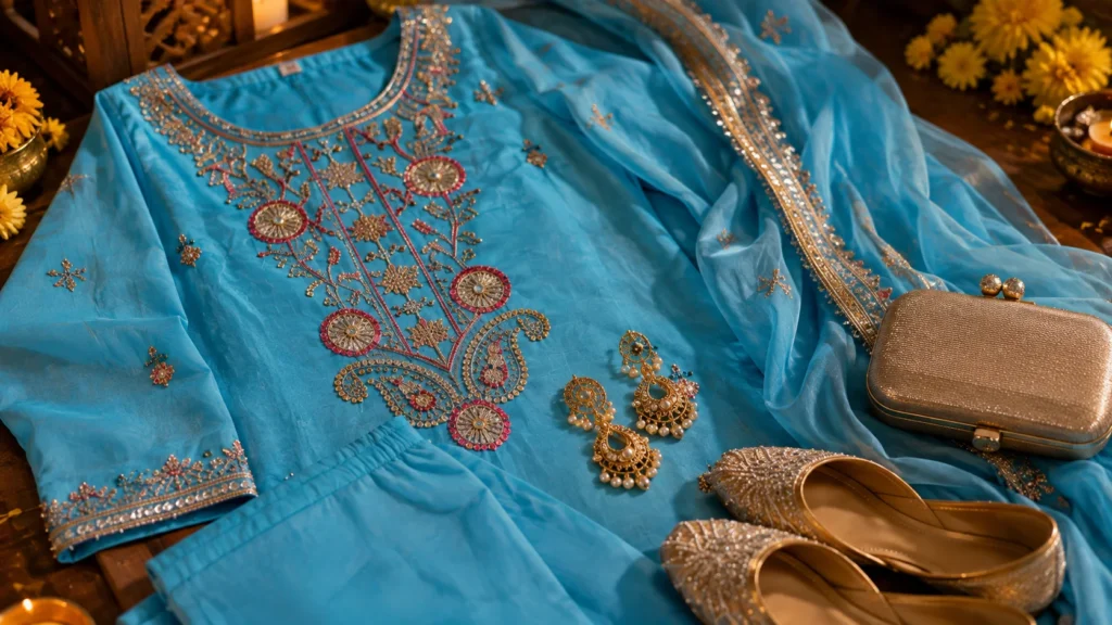 Blue festive kurta styling inspiration with ornate earrings, embellished-looking footwear and a restrained occasion accessory combination.