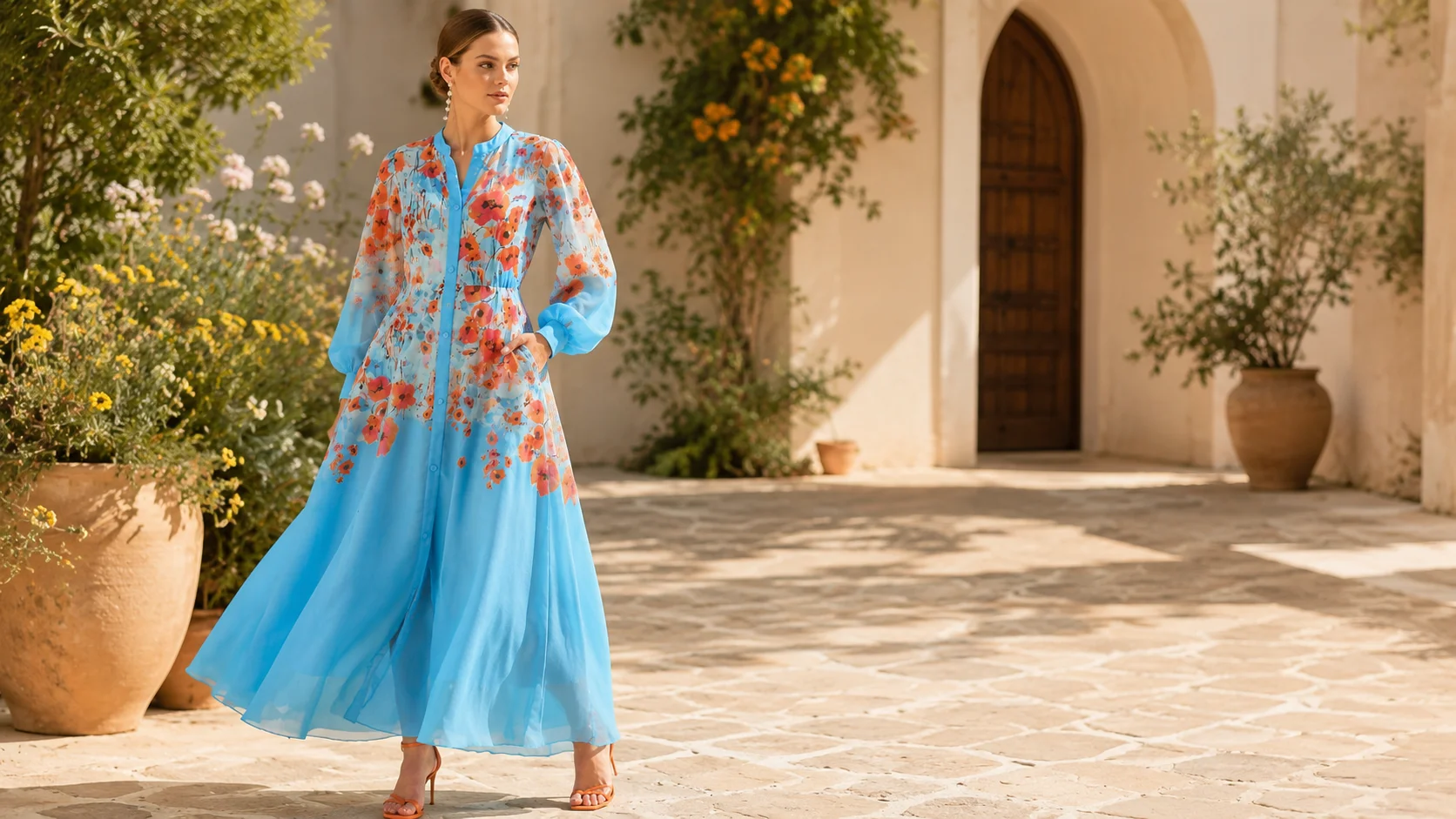 Blue floral maxi dress styling with coral-orange flower print and elegant women’s fashion inspiration