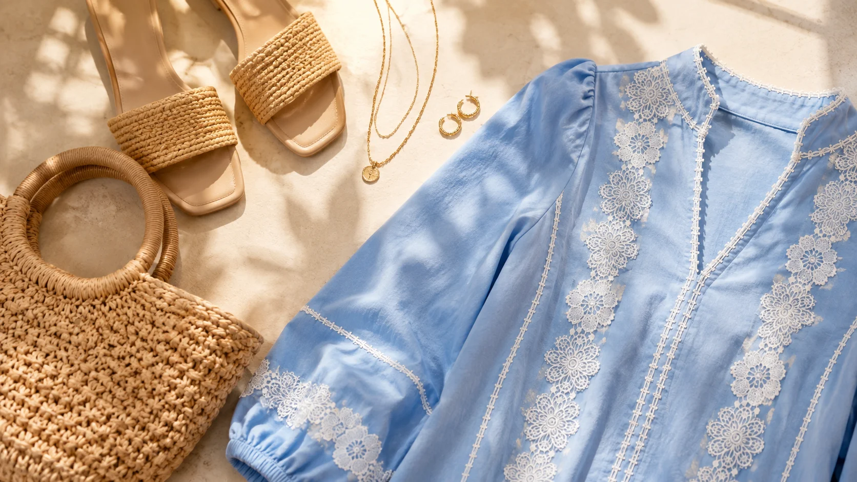 Neutral accessories beside a light blue floral lace dress for simple summer styling inspiration