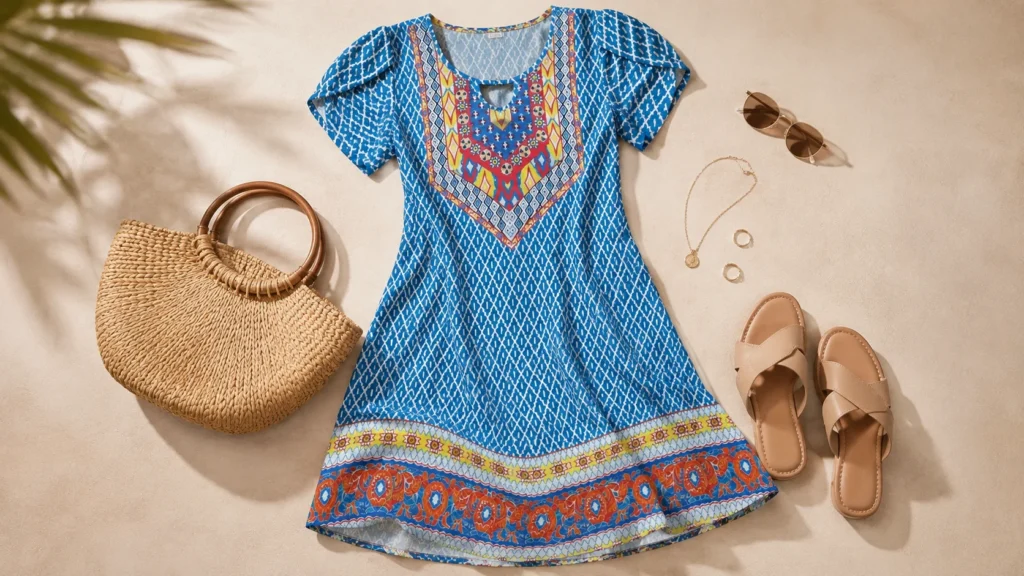 Blue printed casual dress with neutral accessories arranged as simple summer styling inspiration.