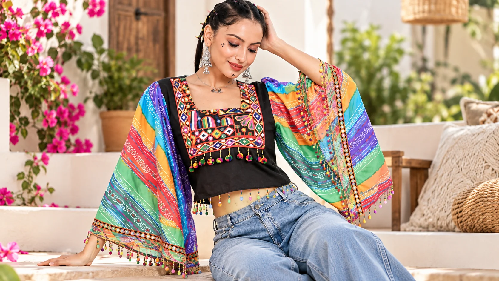 Boho embroidered black top with colourful patterned sleeves styled with blue denim for a vibrant women's fashion look