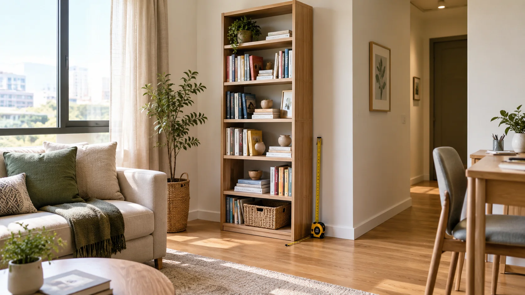 Bookshelf depth and height planning in a compact modern living room with a slim bookcase