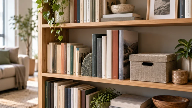 Bookshelf depth planning showing different book sizes arranged on appropriately sized shelves