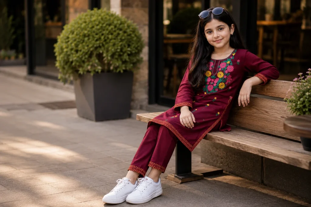 Burgundy floral girls kurta set paired with simple white sneakers for casual everyday styling inspiration.