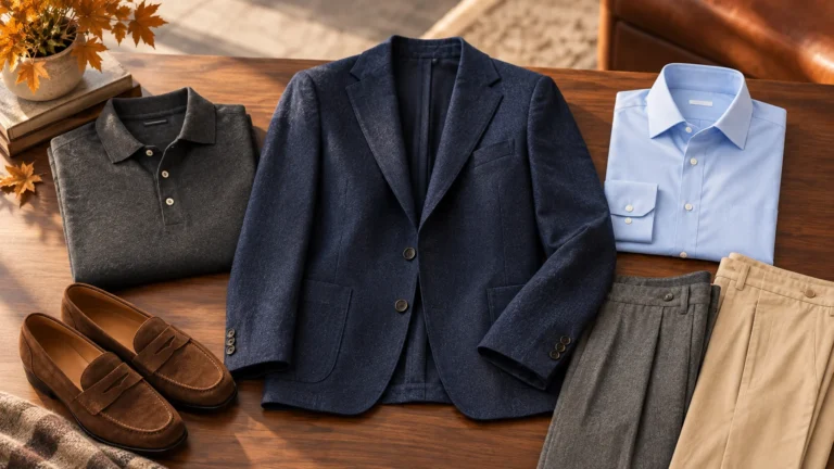 Navy blazer with charcoal polo, light blue shirt, grey and beige trouser options for a men’s business casual fall wardrobe.