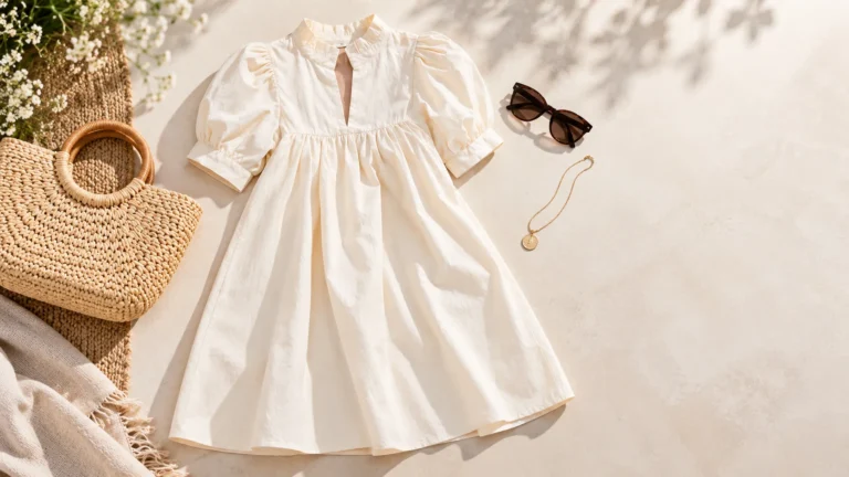 Casual mini dress styling inspiration with an apricot ruffle-collar dress, woven bag and understated accessories.
