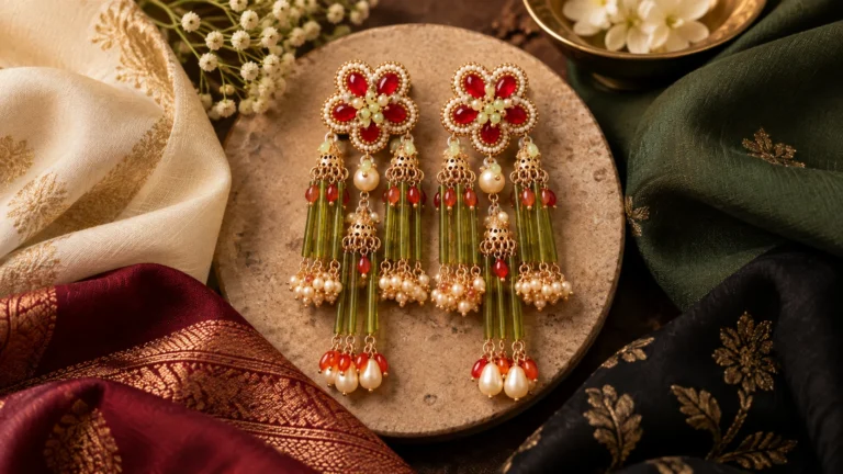Colourful chandelier earrings styled beside ivory, burgundy, deep green and black colour inspiration for occasion outfits.