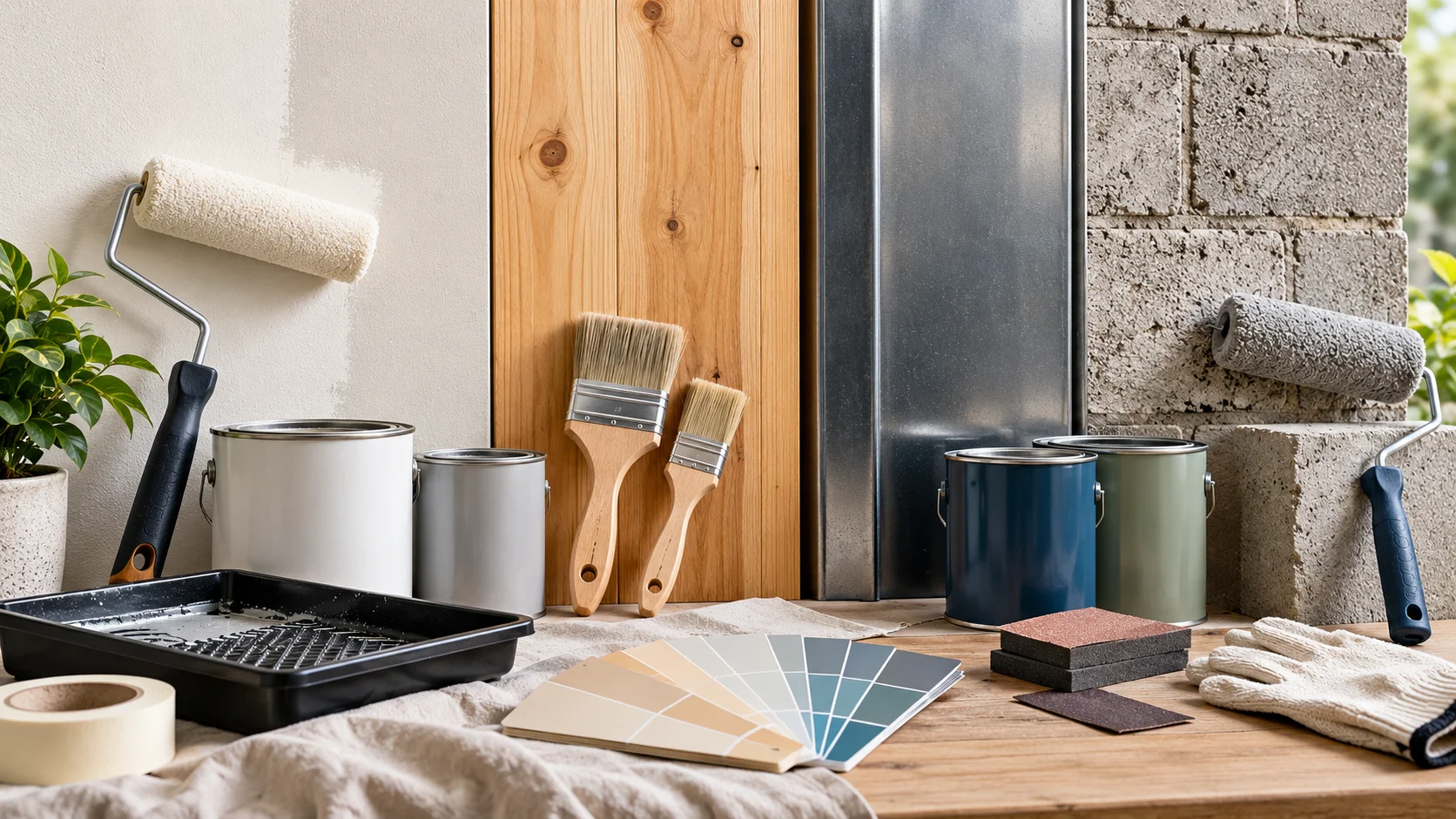 How to choose paint for different surfaces including walls, wood, metal and masonry with painting and preparation tools.